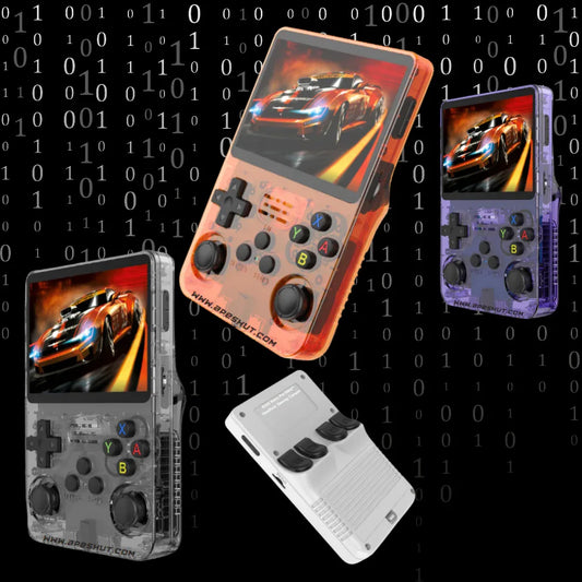 Retro handheld gaming consoles in various colors with car racing game on screens, tech background