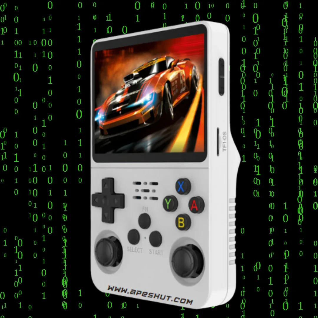 White retro arcade gaming console displaying a racing game, against digital matrix background.