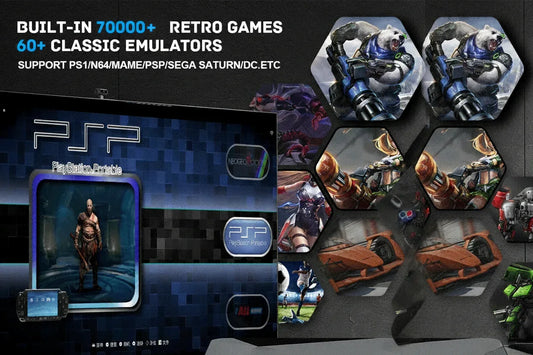 Gaming setup showing PSP interface, retro game art, and text about 70,000+ classic games and emulators