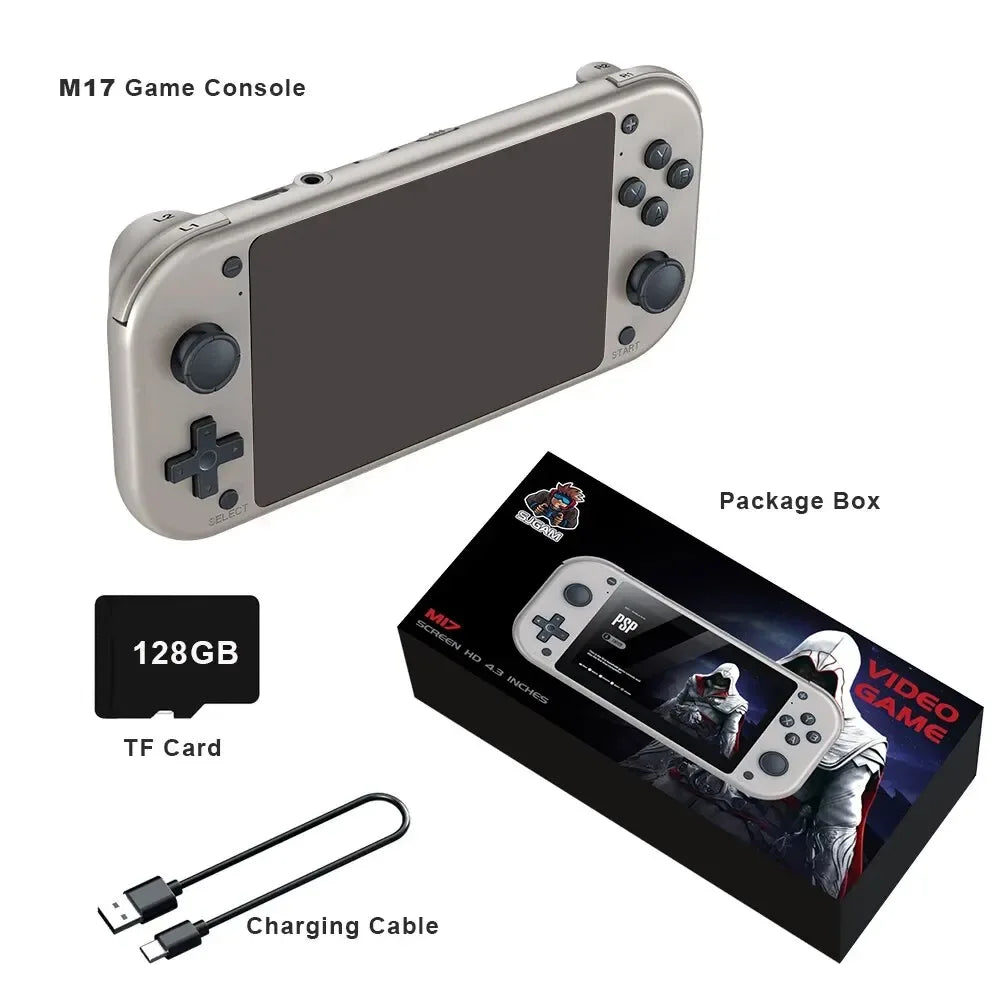 M17 handheld game console with 4.3 inch screen, 128GB TF card, charging cable, and package box.