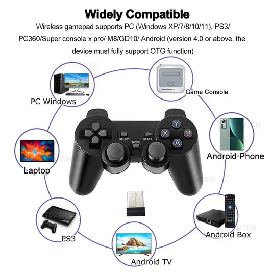 Black wireless game controller with USB receiver, compatible with PC, PS3, Android, and game consoles.