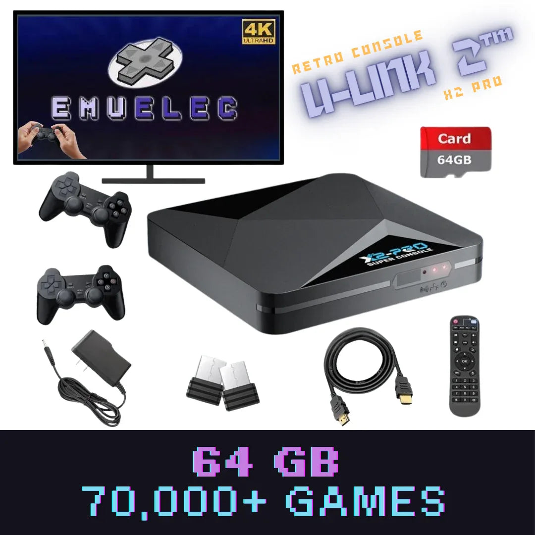 Retro gaming console bundle with two controllers, remote, 64GB card, power adapter, HDMI cable, and TV display showing EmuELEC interface.