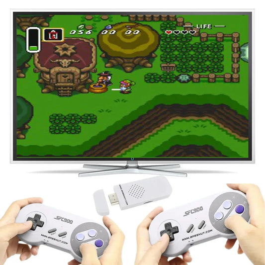 Wireless retro gaming console set with two classic controllers, TV displaying 16-bit game, and USB receiver.