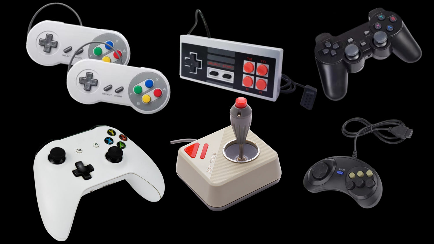 A variety of gaming controllers, including wired and wireless options, for different gaming consoles and platforms.