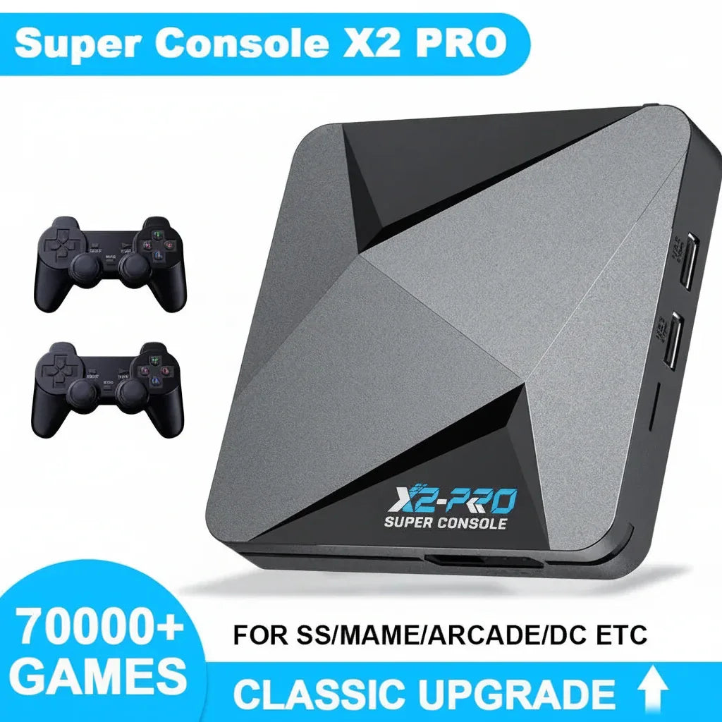 Super Console X2 Pro retro gaming console with two game controllers, supports 70,000+ games