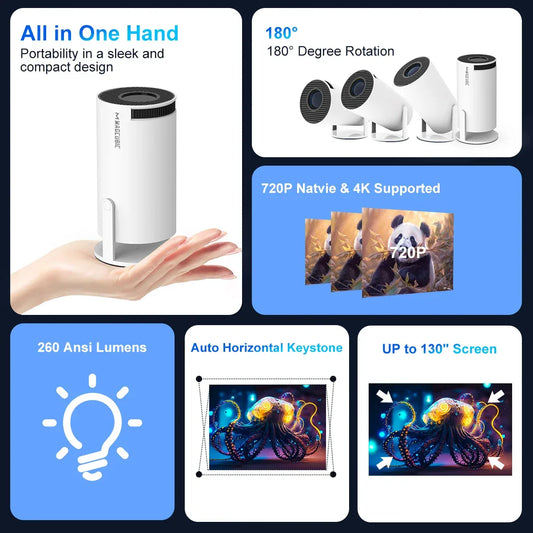 Compact portable projector with 180-degree rotation, 720p native resolution, 130-inch screen support, and 260 ANSI lumens.