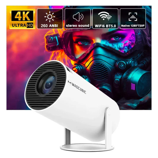 White Magcubic projector displaying vibrant 4K Ultra HD image with WiFi and stereo sound